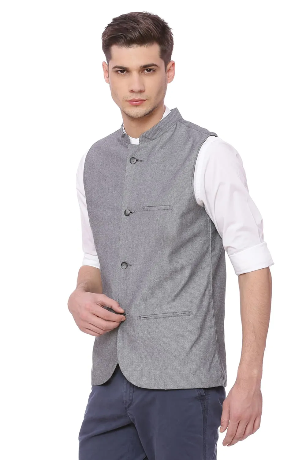 Slim Fit Bandhgala Elephant Skin Gray Jacket