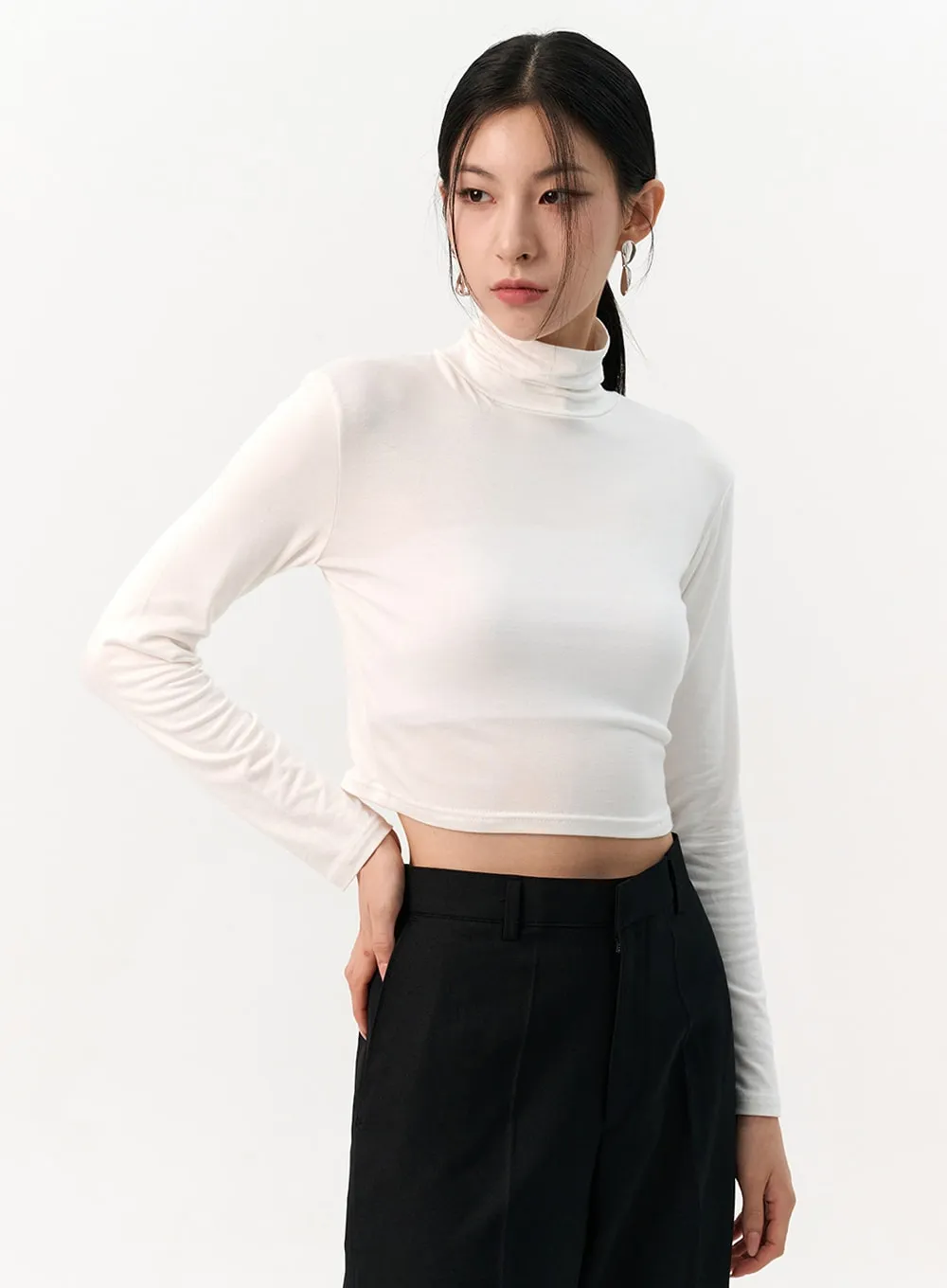 Solid Long Sleeve Turtleneck Crop IO320