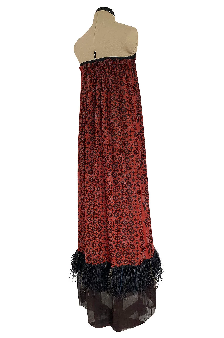 Spring 2003 Lanvin by Alber Elbaz Strapless Printed Silk Dress w Feather Trim Runway Sample Dress