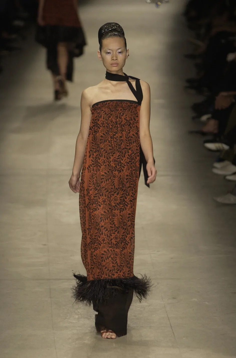 Spring 2003 Lanvin by Alber Elbaz Strapless Printed Silk Dress w Feather Trim Runway Sample Dress