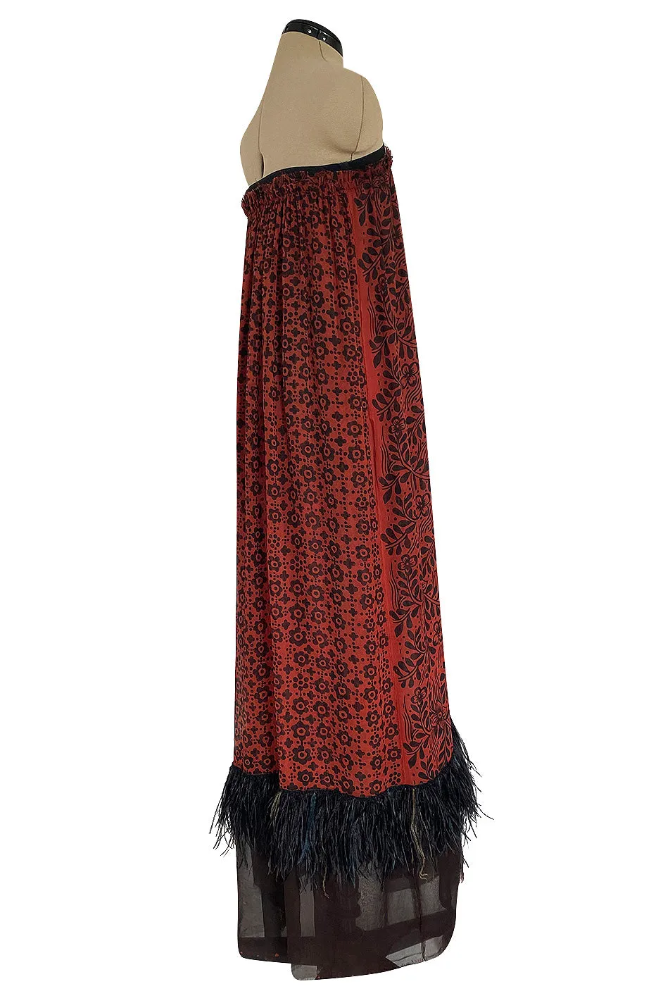 Spring 2003 Lanvin by Alber Elbaz Strapless Printed Silk Dress w Feather Trim Runway Sample Dress