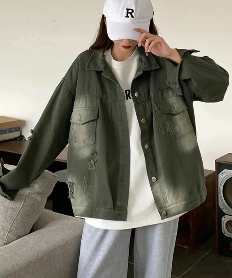 Spring Style Denim Coat Women Korean Vintage Cool Holes Tie Dye Loose Long Sleeve Green Jacket Women Cowboy Top Shirt