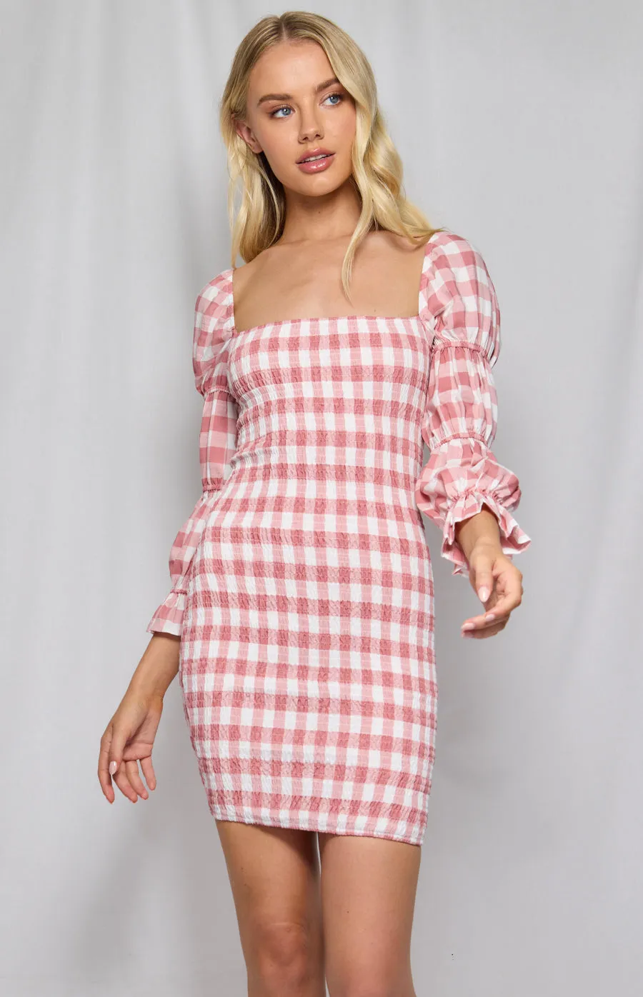 Square Neckline Tiered Bubble Sleeve Shirred Dress