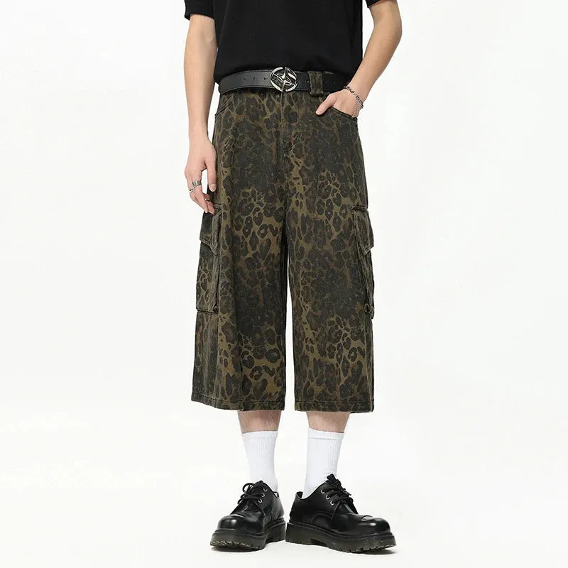 Streetwear Trendy Leopard Print Cargo Pants Summer New Camouflage Big Pocket Design Male Shorts Wide Leg 9C6628