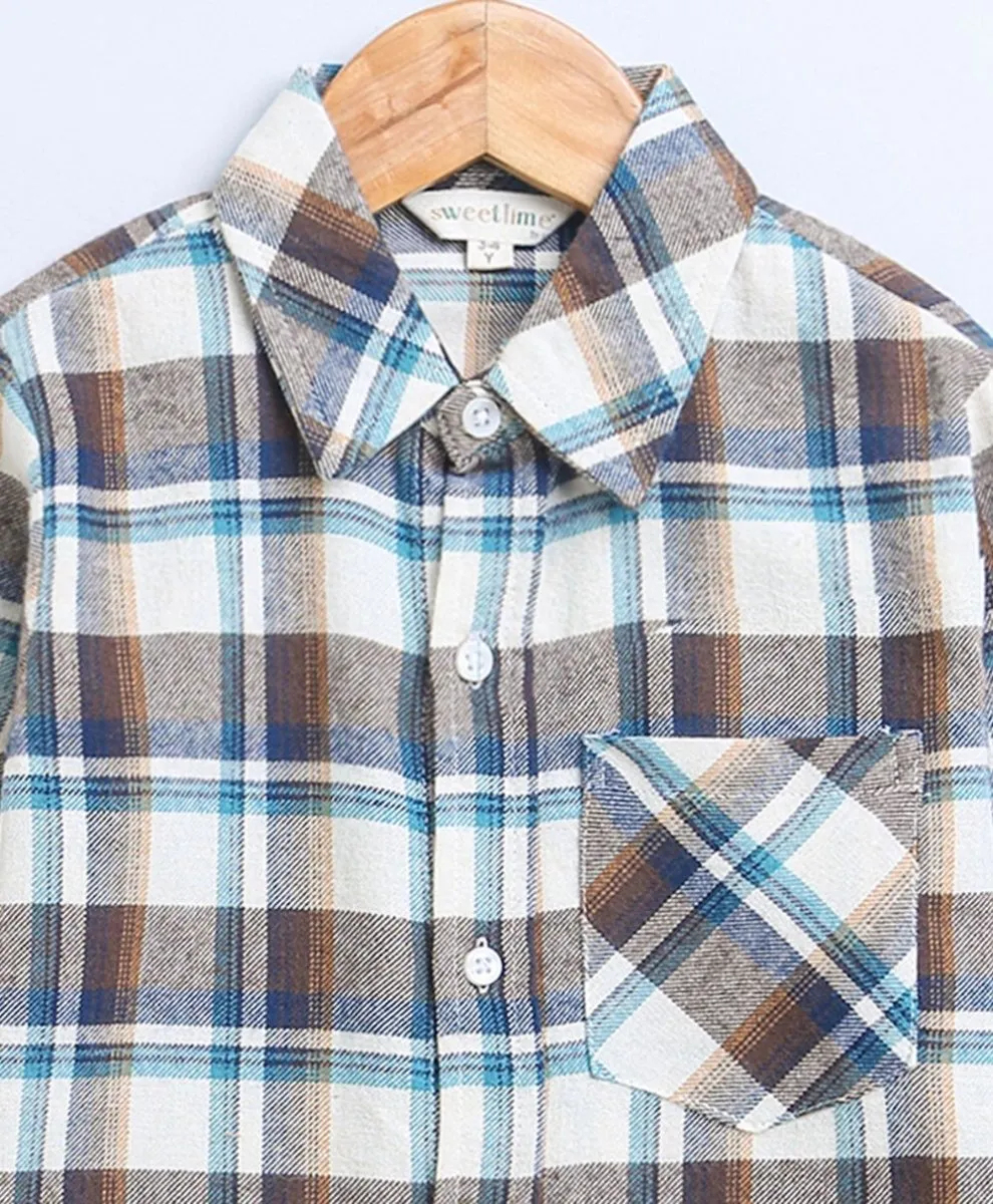 Sweetlime By AS Beige, Brown & Blue Checks Cotton Flannel Long Sleeves Boys Shirt