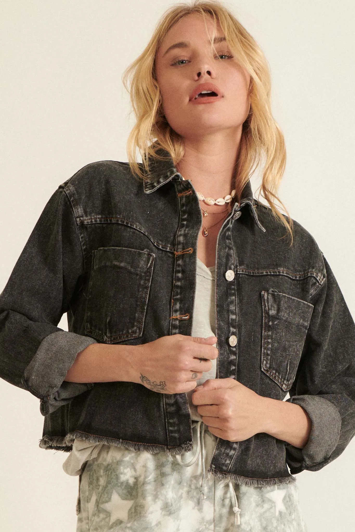 Too Much Fun Acid-Wash Cutoff Denim Jacket