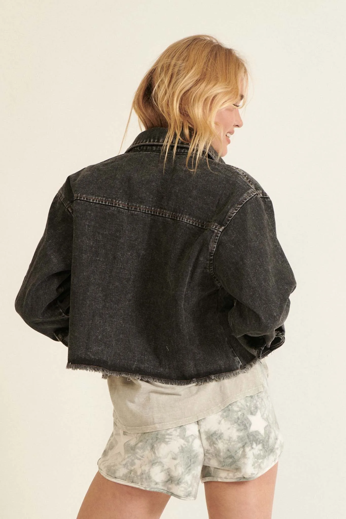 Too Much Fun Acid-Wash Cutoff Denim Jacket