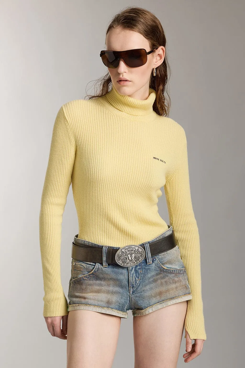 Turtleneck Wool Knit Top With Embroidered