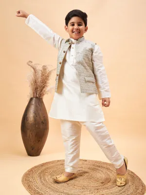 VASTRAMAY Boy's Beige Woven Jacket With Cream Kurta and Pyjama Set