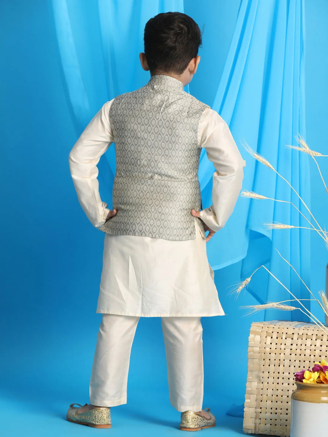 VASTRAMAY Boy's Beige Woven Jacket With Cream Kurta and Pyjama Set