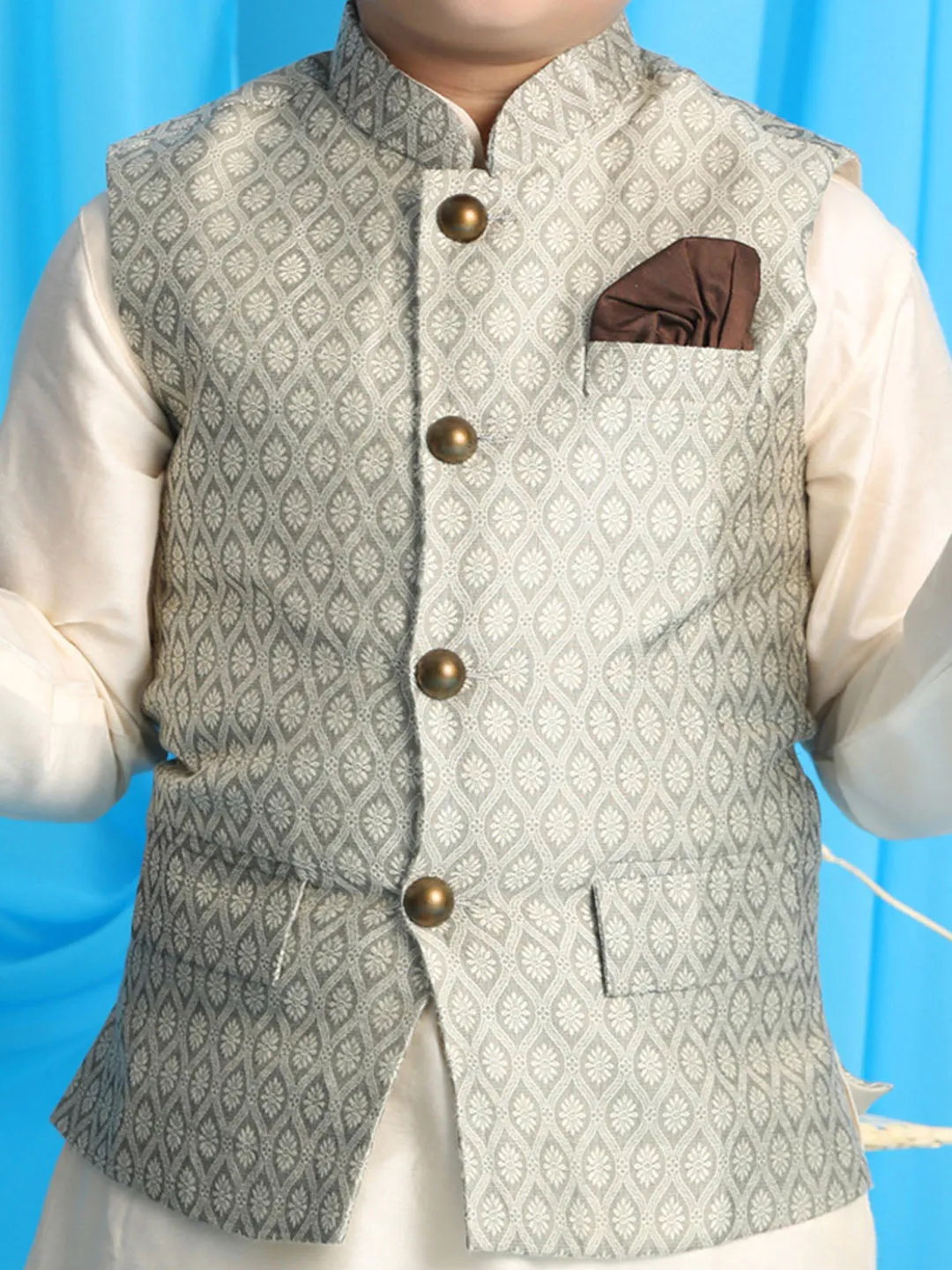 VASTRAMAY Boy's Beige Woven Jacket With Cream Kurta and Pyjama Set