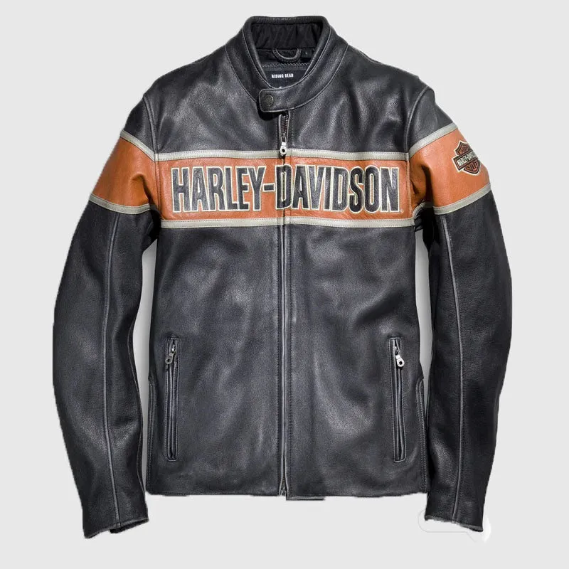 Veste Harley Davidson Moto Noir HD | Homme Fait à la main Real Cowhide Harley Noir Et Orange Avec Blanc Stripe Biker Veste en Cuir