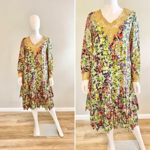 Vintage 1920s Silk Floral Dress / 20s retro day dress with matching purse / Size S