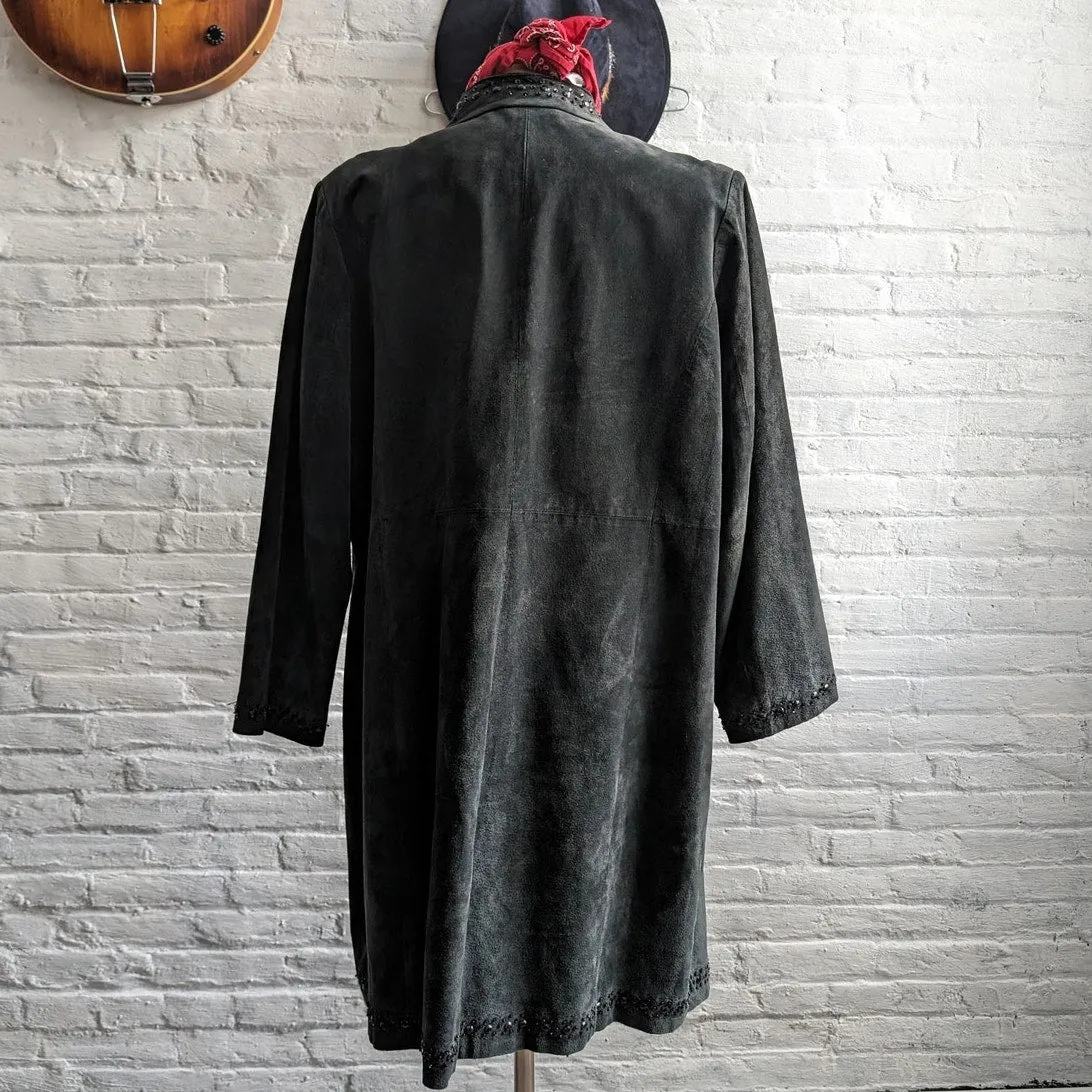 Vintage Black Leather Fringe Trench Coat Embroidered Sequin Western Suede Duster