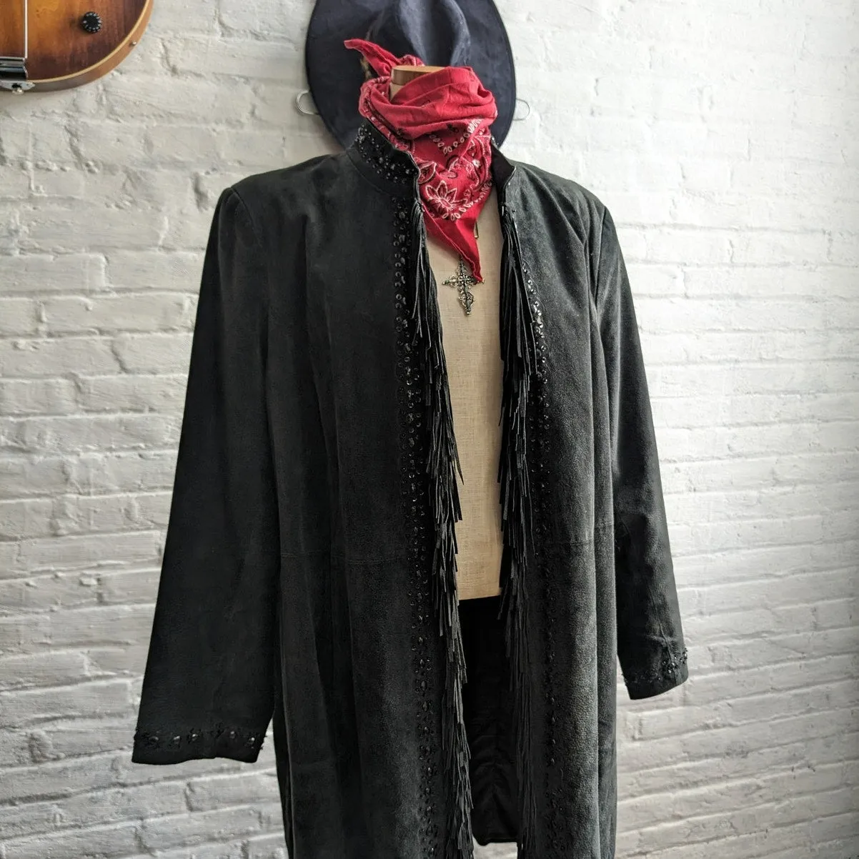 Vintage Black Leather Fringe Trench Coat Embroidered Sequin Western Suede Duster