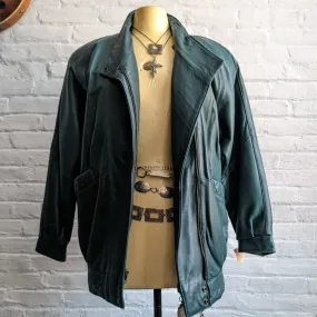 Vintage Minimalist Teal Genuine Leather Bomber Jacket Oversize Moto Biker Coat