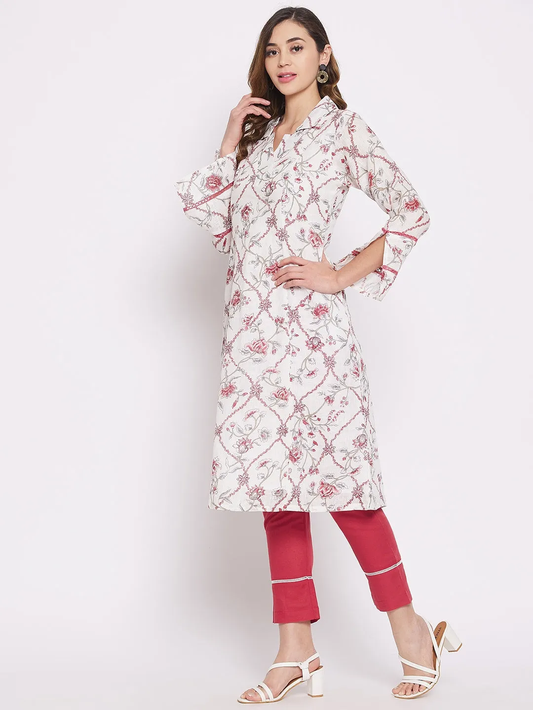 White Floral Vine Linen Kurta Set