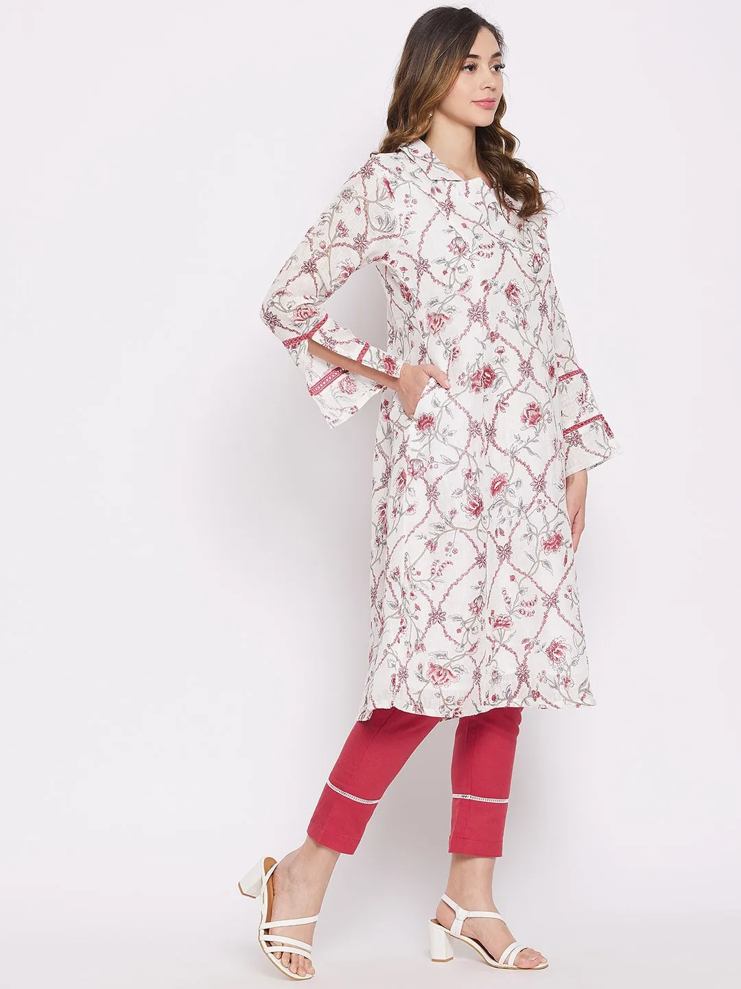 White Floral Vine Linen Kurta Set