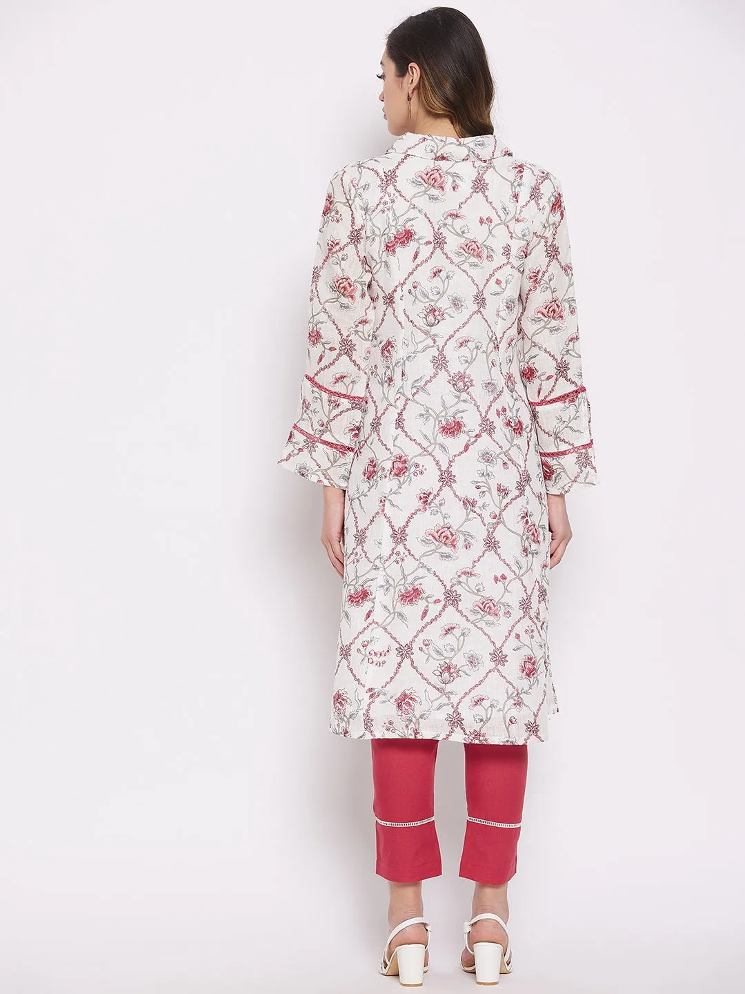 White Floral Vine Linen Kurta Set