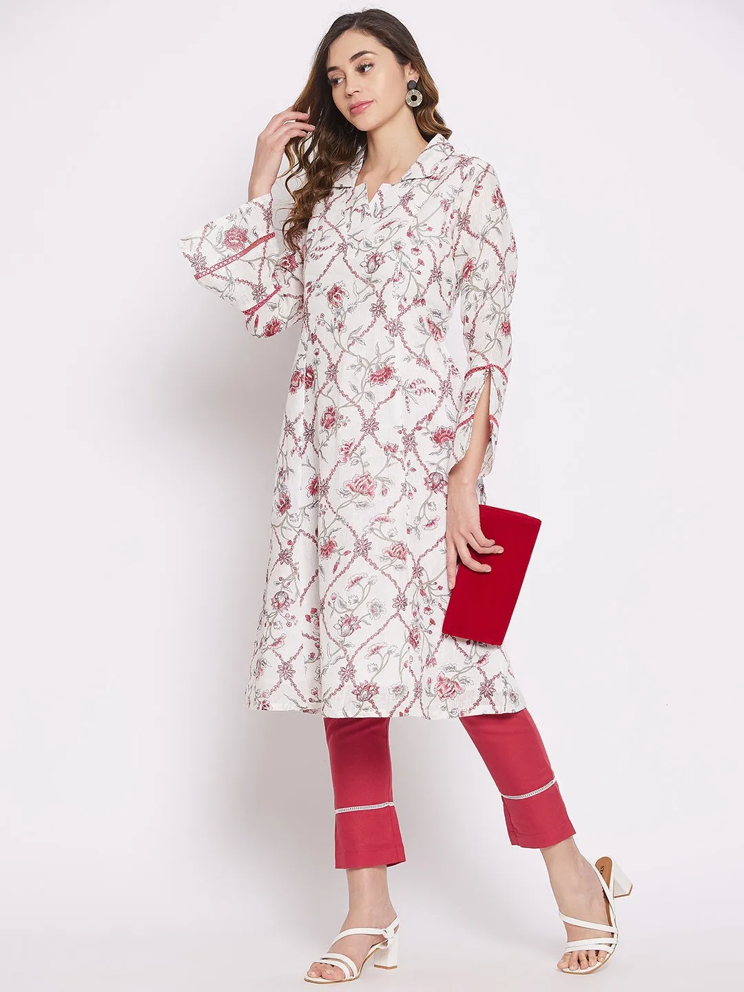 White Floral Vine Linen Kurta Set