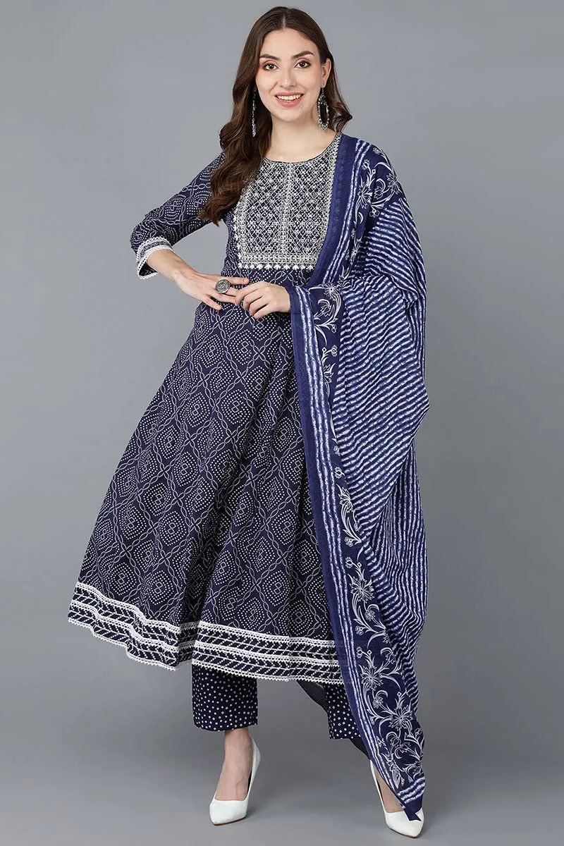 Women Navy Blue Rayon Blend Kurta Trousers With Dupatta