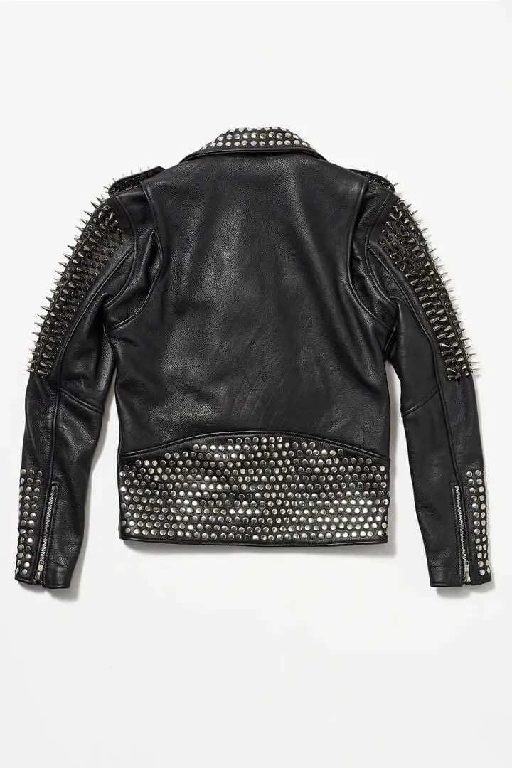 Women's Black Punk Long Silver Spiked Studded Leather Jacket