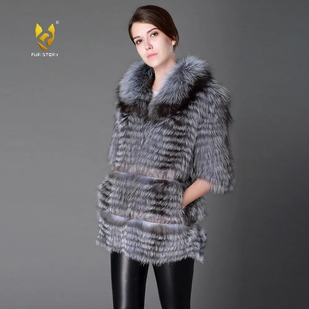 Women's Genuine Fox Fur Coat Raccoon Collar Slim Belt Short Sleeve Fur Coats  151167