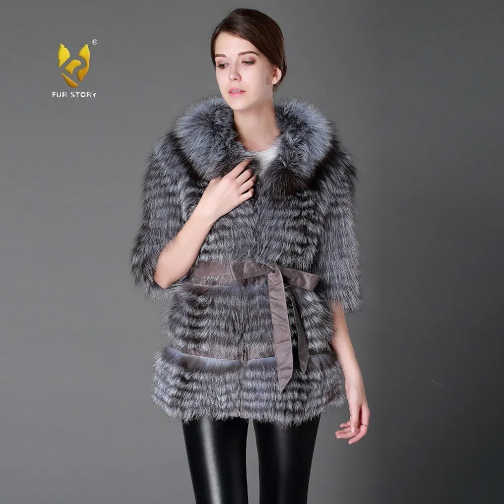 Women's Genuine Fox Fur Coat Raccoon Collar Slim Belt Short Sleeve Fur Coats  151167