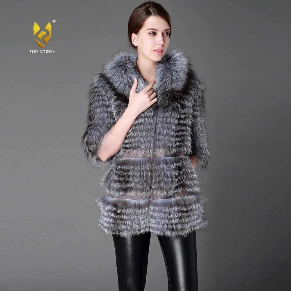 Women's Genuine Fox Fur Coat Raccoon Collar Slim Belt Short Sleeve Fur Coats  151167