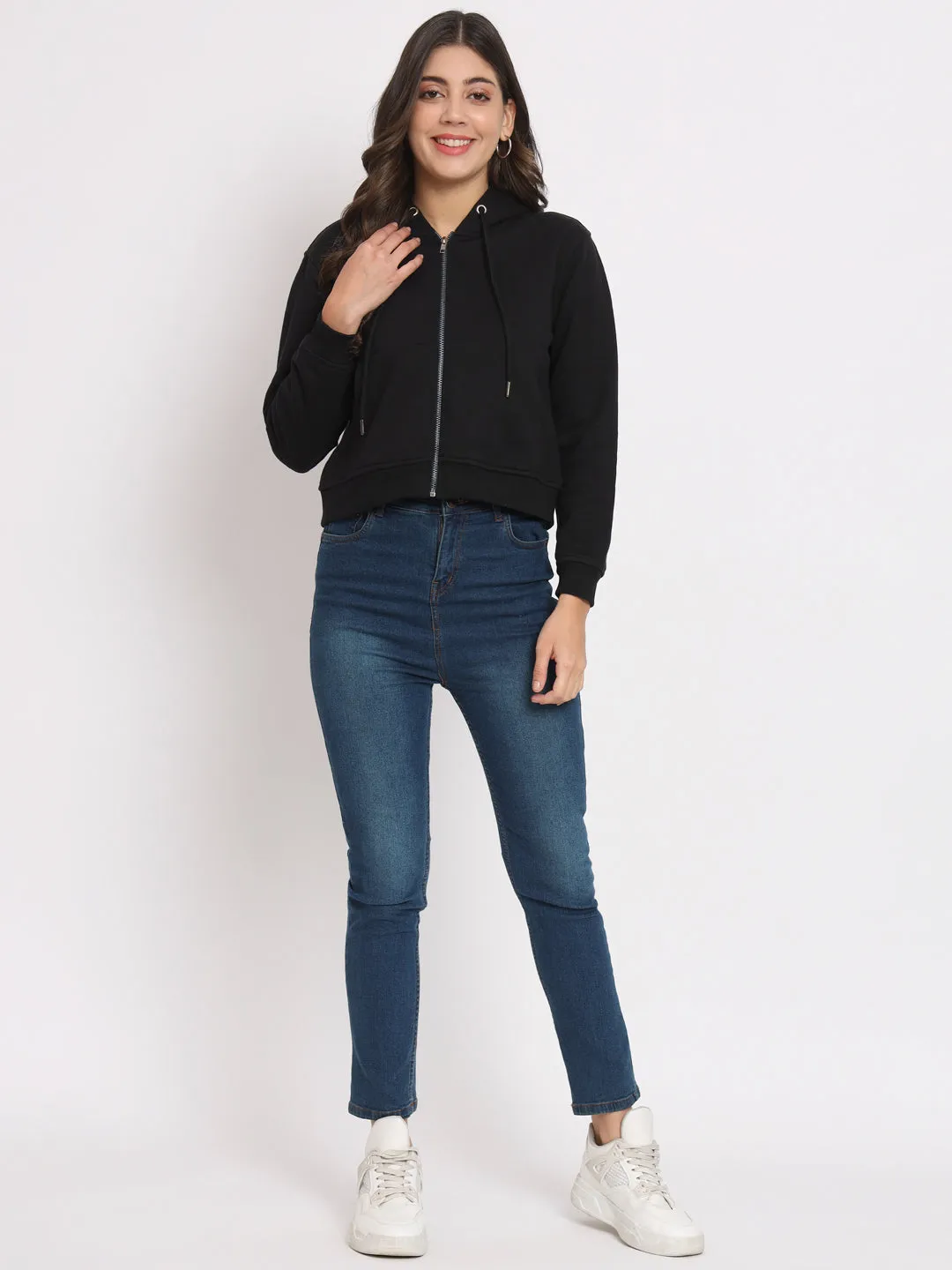 Women's Hooded Long Sleeves Cotton Black Jacket