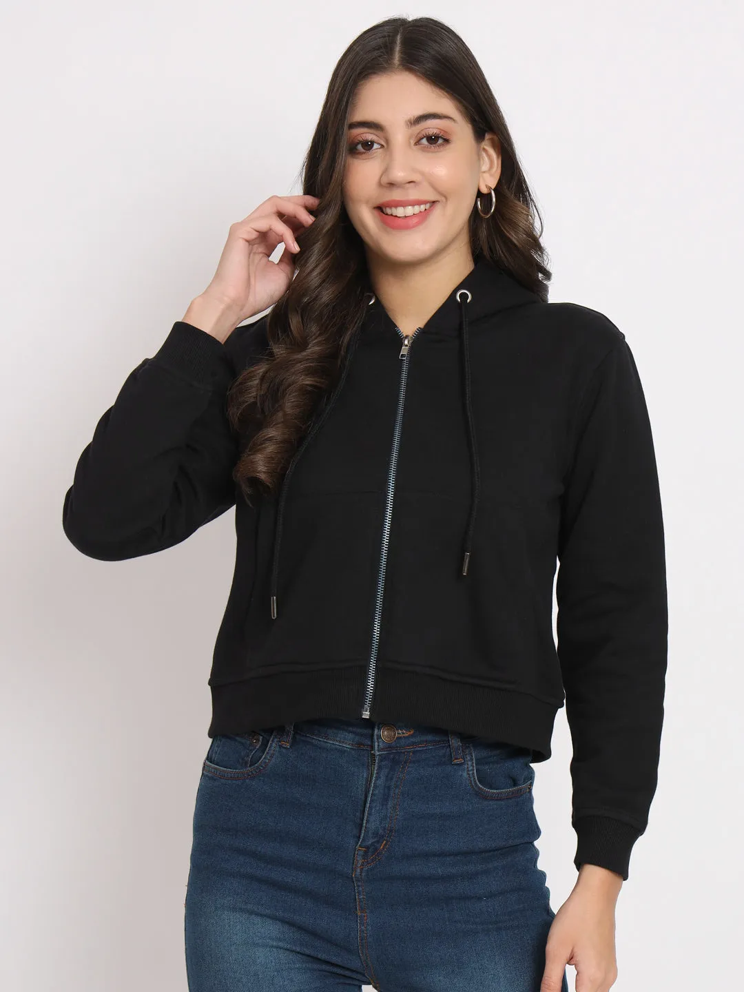 Women's Hooded Long Sleeves Cotton Black Jacket