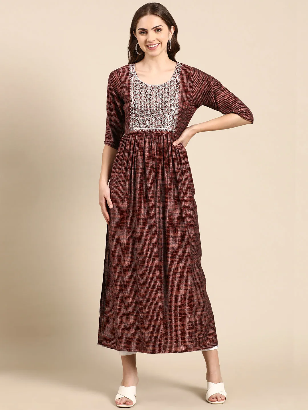 Women's Rust Embellished Anarkali Kurta