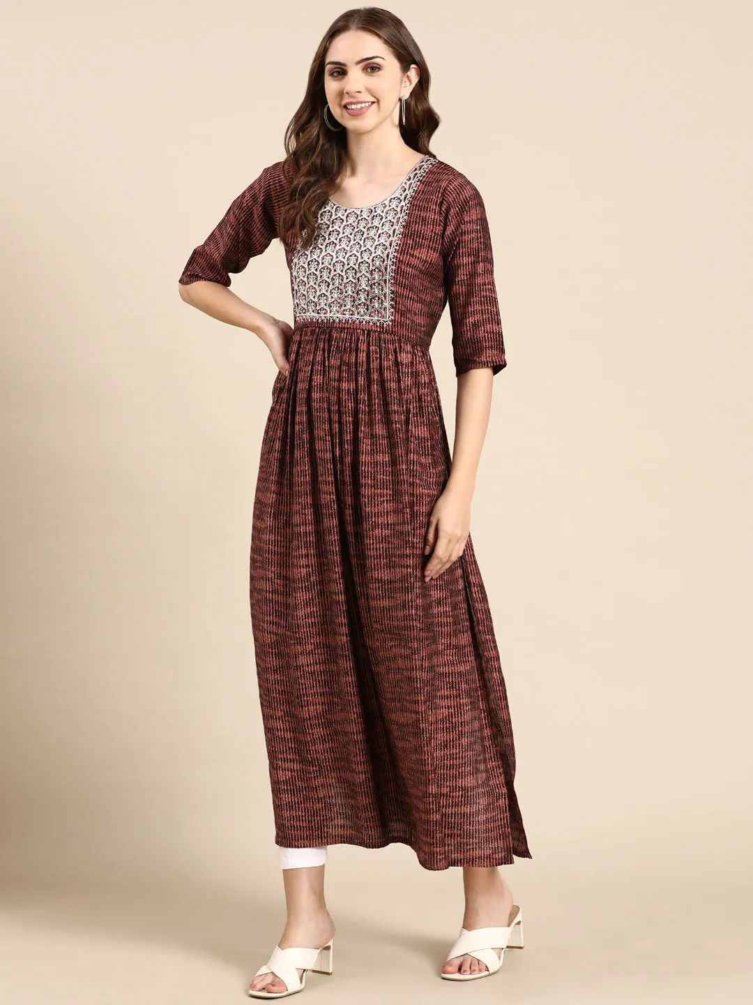 Women's Rust Embellished Anarkali Kurta