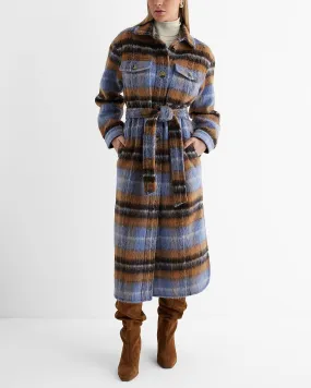 Wool-Blend Plaid Long Belted Shacket in Blue Plaid